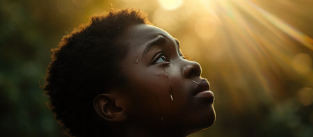 Touched by His Grace. Beautiful young black woman looking up with tears in her eyes. Christian conceptの素材