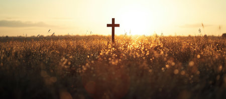Christian Cross on a field at sunsetの素材