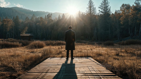 Rear view of a preacher standing on a wooden boardwalk in the forest on a sunny day.の素材