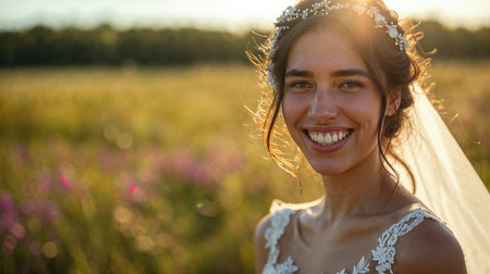 Portrait of a beautiful young bride in the field at sunset.の素材