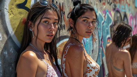 Portrait of two young girls in front of graffiti wall.の素材