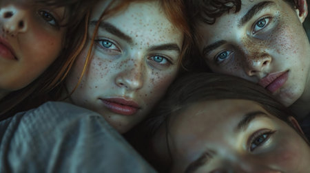Close up portrait of three young girls looking at camera.の素材