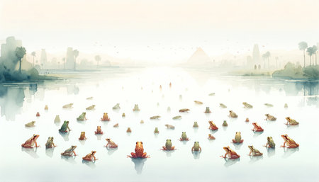 The Plagues of Egypt. Watercolor illustration of frogs covering the land of Egypt.の素材