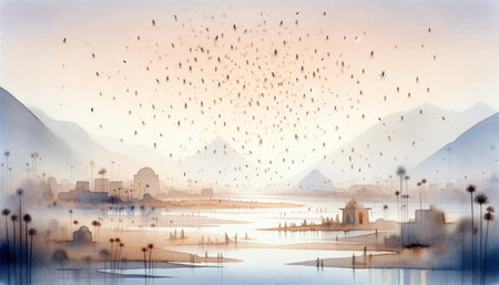 The Plagues of Egypt. Watercolor illustration of Egypt pyramids and the locusts flying over the Nile.の素材