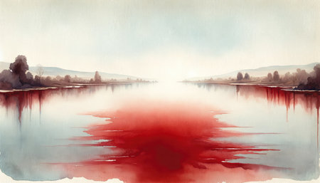 The Plagues of Egypt. Watercolor illustration of the Nile River turning into blood.の素材