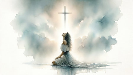 Young woman kneeling and looking at the cross in the sky. Digital watercolor painting.の素材