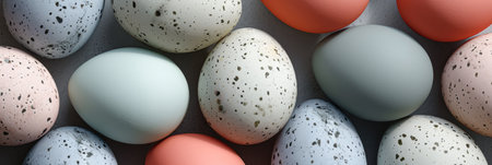 Easter eggs painted in pastel colors on a gray background.の素材