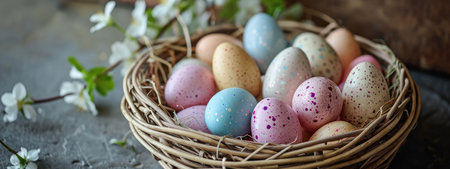 Easter eggs in a basket with spring flowers on a concrete backgroundの素材