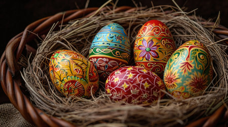 Colorful painted easter eggs in a basket on rustic backgroundの素材