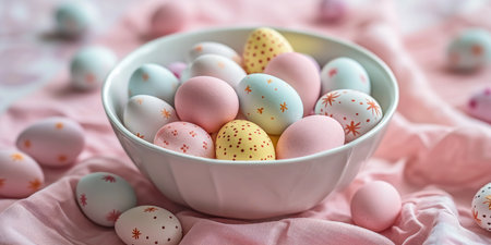 Easter eggs painted in pastel colors in a bowl on a pink backgroundの素材