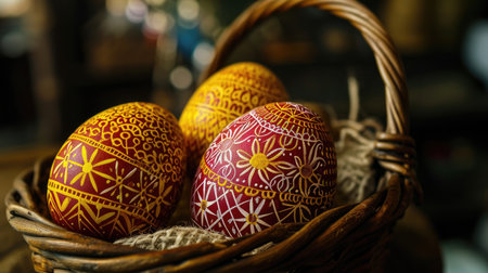 Easter eggs in a wicker basket on a wooden background.の素材