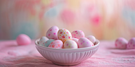 Colorful pastel easter eggs in a bowl on pink tablecloth.の素材