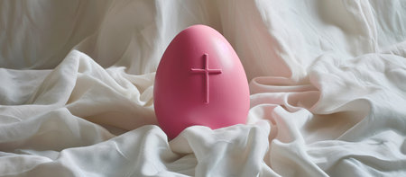 Pink easter egg with a cross on a white fabric background.の素材