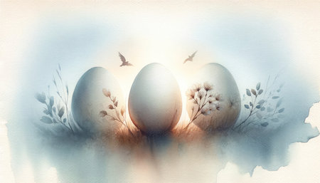 Easter background with eggs and flowers. Hand drawn watercolor illustration.の素材