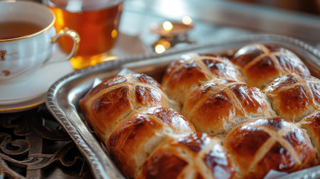 Hot cross buns on a metal tray with a cup of teaの素材