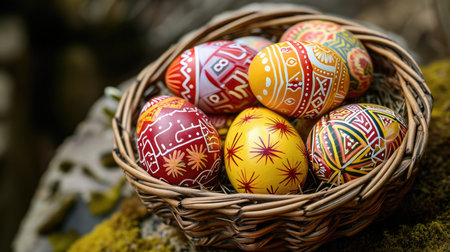 Painted easter eggs in a basket on a mossy backgroundの素材