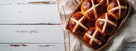 Hot cross buns in a basket on a white wooden background.の素材