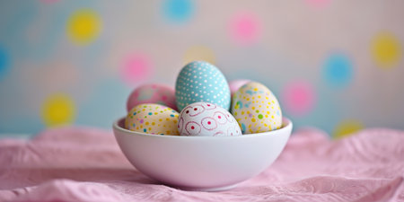 Colorful easter eggs in a white bowl on a pink backgroundの素材