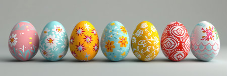Row of colorful easter eggs on grey background.の素材
