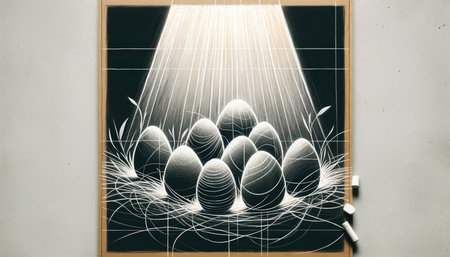 Easter eggs on a chalkboard with a pattern of white linesの素材