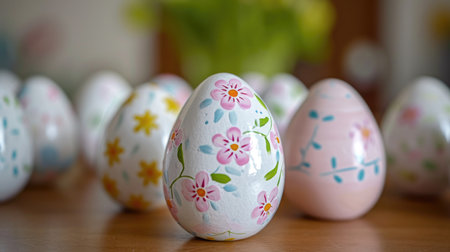 Easter eggs with floral pattern on wooden background. Happy Easter.の素材