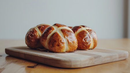 Hot cross buns on a wooden board on a wooden table.の素材