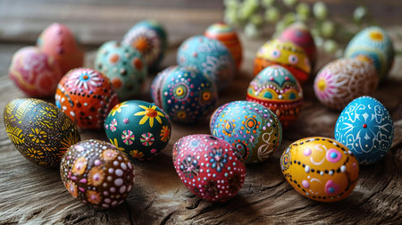 Easter eggs painted with colorful patterns on rustic wooden background.の素材