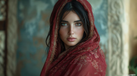 Biblical character. Close-up portrait of a brunette girl in a shawl, looking at camera.の素材