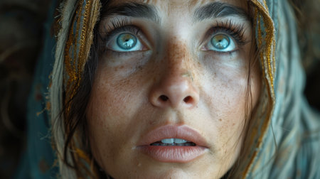 Biblical character. Emotional close up portrait of a woman with blue eyes in a veil looking up.の素材
