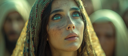 Biblical character. Emotional close up portrait of a woman with blue eyes in a veil looking up.の素材