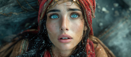 Biblical character. Emotional close up portrait of a woman with blue eyes in a veil looking up.の素材