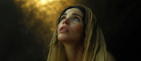 Biblical character. Emotional close up portrait of a woman with blue eyes in a veil looking up.の素材