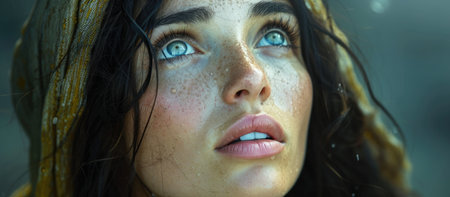 Biblical character. Emotional close up portrait of a woman with blue eyes in a veil looking up.の素材