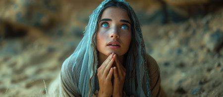 Biblical character. Emotional close up portrait of a woman with blue eyes in a veil looking up and praying.の素材