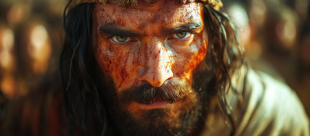 Biblical character. Close-up portrait of a serious man with a beard and shawl looking at camera. Blood on his face.の素材