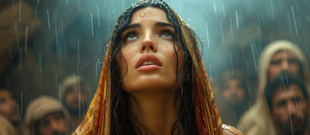 Biblical character. Emotional close up portrait of young woman looking up under the rain.の素材
