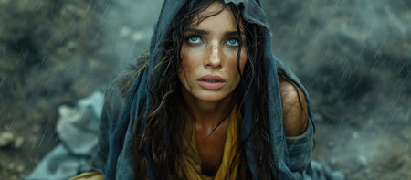Biblical character. Emotional close up portrait of a woman with blue eyes in a veil looking up.の素材