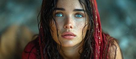 Biblical character. Emotional close up portrait of young woman with blue eyes and wet hair looking up.の素材