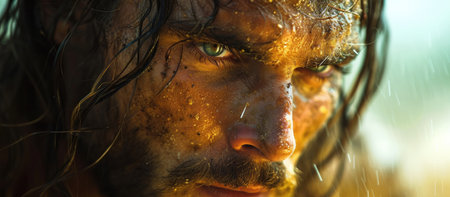 Biblical character. Close-up portrait of a serious bearded man with dirty, sweaty face.の素材