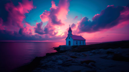 Beautiful sunset over the church on the seashoreの素材
