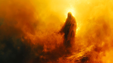 Silhouette of Jesus Christ on the background of yellow smoke.の素材