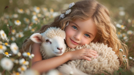 Cute little girl with lamb on camomile field. Child with lamb.の素材