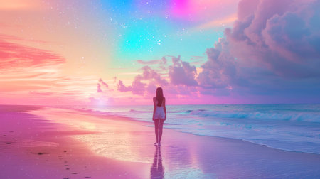 Beautiful woman walking on the beach at sunset. 3d renderingの素材