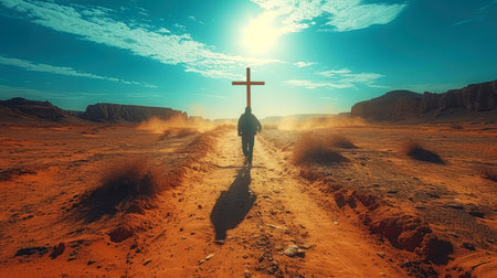 Silhouette of a man in the desert in front of a cross. Arid landscape in the dust under the sun.の素材