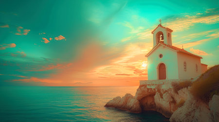 Beautiful seascape with a church on the rock at sunset.の素材