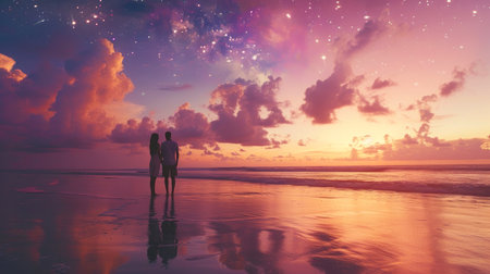 Couple in love on the beach at sunset. Double exposure.の素材