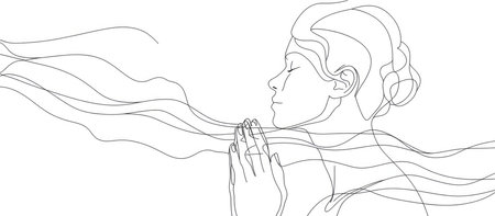 Continuous one single abstract line drawing of young woman praying with her hands together.の素材