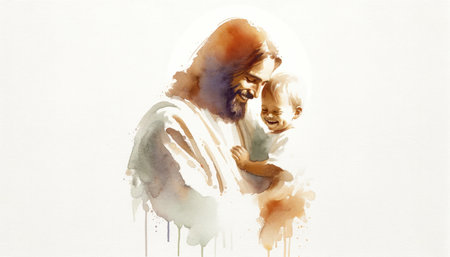 Portrait of Jesus Christ holding a baby, smiling. Digital watercolor painting.の素材