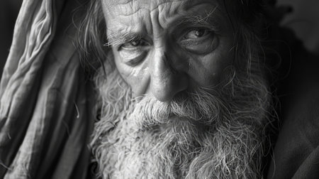 Close up portrait of an old man with long white beard and mustache. Biblical character. Black and white photos.の素材
