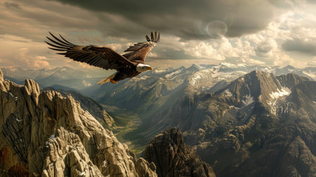 Bald Eagle in flight over the mountains. 3D Renderingの素材